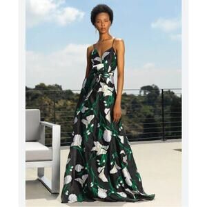 Belle Badgley Mischka Black Brocade Iris Floral Print A-Line Gown